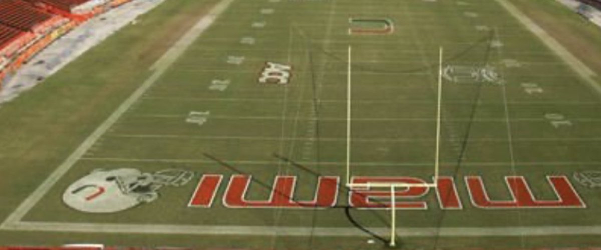 dpfeeley's tweet photo. @canesvoice @CanesFootball @1043wqam What do we have to do for the old endzone font to be our standard bowl game graphic?? Even if we don’t have the helmet graphic, the lower case “miami " is perfect. https://t.co/gtJtrbISd4