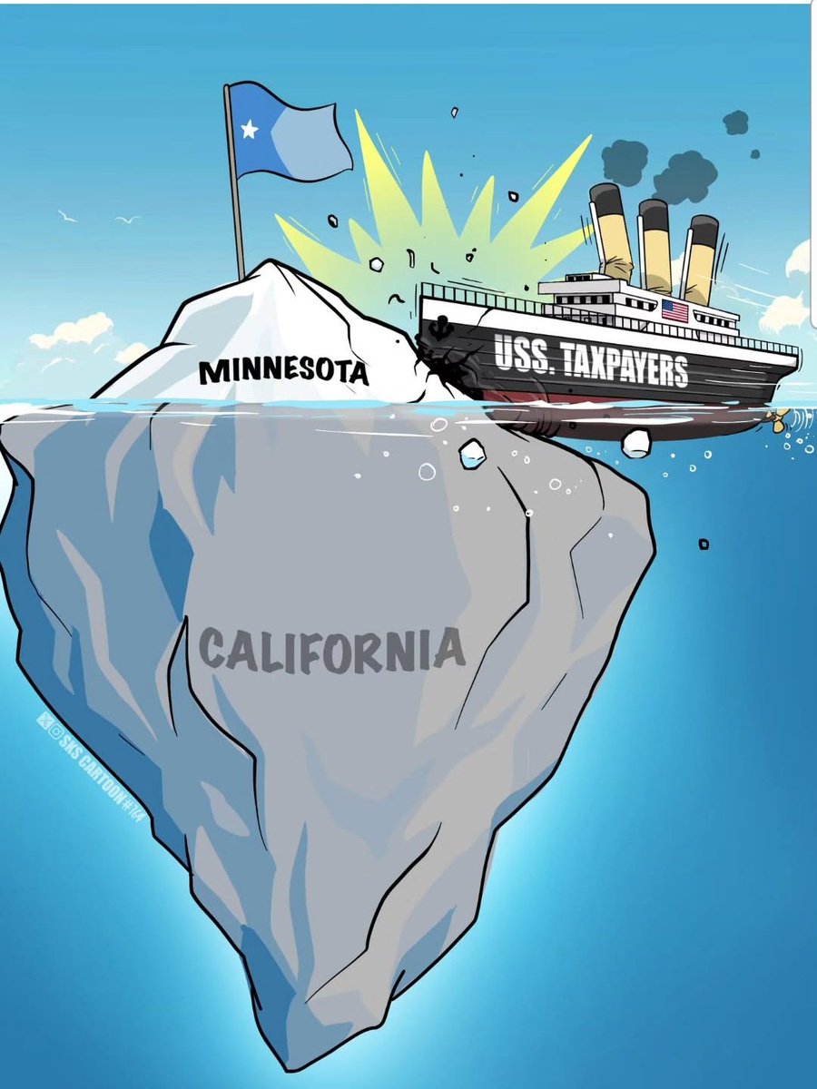 MarkUltramaga's tweet photo. Captain Newscum addresses the passengers on the sinking USS Taxpayers:

'Folks, remain calm. The ship is perfectly seaworthy. That little ice cube labeled "Minnesota" is the real threat. It's clearly trying to steal our jobs and culture!'

Meanwhile, the massive submerged iceberg marked 'California' with $1.6 trillion in debt, crumbling infrastructure, and a population fleeing faster than rats off a... well, you know, it goes completely unnoticed.

Priorities! 🧊🚢💸