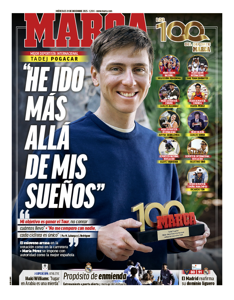 marca's tweet photo. 📰 #LaPortada

🗣️ "He ido más allá de mis sueños"

🚵‍♂️ Tadej Pogacar protagoniza nuestra última portada del año https://t.co/c78pafNXNN