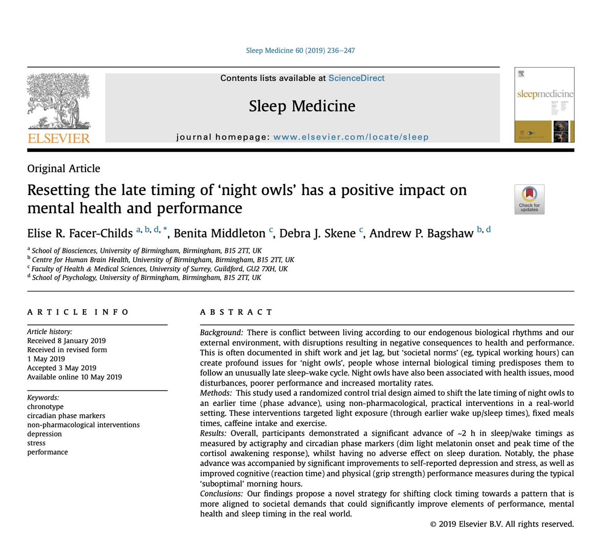 夜型の若者に、薬を使わず

・起床・就寝を早める
・朝の光
・食事・運動・カフェインの時間を前倒し

という生活調整を3週間行った結果、

・体内時計と睡眠時刻が約2時間早まり
・睡眠時間は減らず
・抑うつとストレスが低下し
・朝の眠気が軽くなり
・朝の反応速度と握力が改善