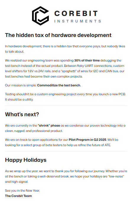 CorebitInst's tweet photo. Our mission is simple: Commoditize the test bench. https://t.co/DOcSrEkftc
