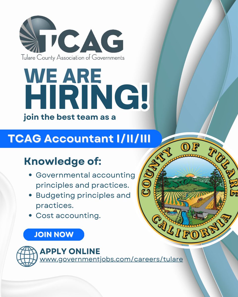 📢 TCAG is hiring!
We’re looking for an Accountant I/II/III in Visalia, CA. Make an impact through public service and regional planning.
👉 Apply: governmentjobs.com/careers/tulare…

#NowHiring #TCAGJobs #Accounting