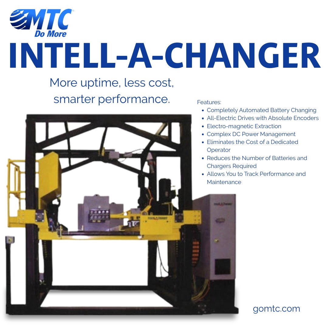 #MTC’s Intell-A-Changer is an automated solution for battery changing in AGVs, LGVs, and forklifts. It eliminates the need for a dedicated operator, reduces the number of batteries required, and keeps your fleet moving longer. #BatteryHandling #IntellAChanger #GoMTC #MTCDoMore