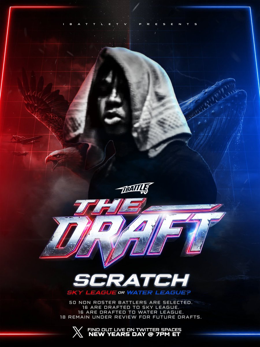 iBattlePromo's tweet photo. The 2025 iBattleTV Sky League & Water League draft rollout continues! 

50 non roster battlers are selected. 16 are drafted to Sky League, 16 are drafted to Water League & 18 remain under review for future drafts!

PARTICIPANT #18 - SCRATCH (Queens, New York 

+ HANSEL
MISS VICIOUS
JISHO
NEPTUNE
KAPO BRAVADO
CASEY KIDD
XP
CAZINO CEEZ
PLUGG
DRUGZ
DAN
ALIEN
FATX
C100
TU SABE
SHEED HAPPENS
ENZIMAH
& 32 MORE TBA

Will they wind up on SKY LEAGUE or WATER LEAGUE? 

Listen to the draft LIVE on X in the Spaces January 1st at 7PM ET!