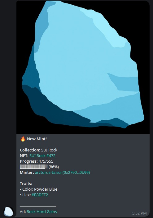 SuiRockNFT's tweet image. Telegram NFT Buy Bot is now online! Already deployed in a couple TGs!

Features:
- NFT listing notifications
- NFT sale notifications
- NFT sweep notifications
- NFT mint notifications
- NFT mint tracking progress bar

DM if your SUI NFT project needs a TG bot!