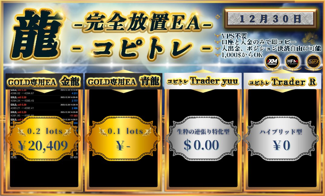 TimothyMutinda8's tweet photo. 🔖完全放置型EA

🎗収支報告🎗
      2025/12/30

🐉金龍
損益 ＋20,409円
日利2.0%

・複利機能も搭載✨12ヶ月で
🎗白竜3.2倍/金龍9.9倍の利益を獲得🎗

オープンチャット「龍〜完全放置EA」
https://t.co/jDhlA88AV0
#自動売買 https://t.co/IKBCu4Hr8O