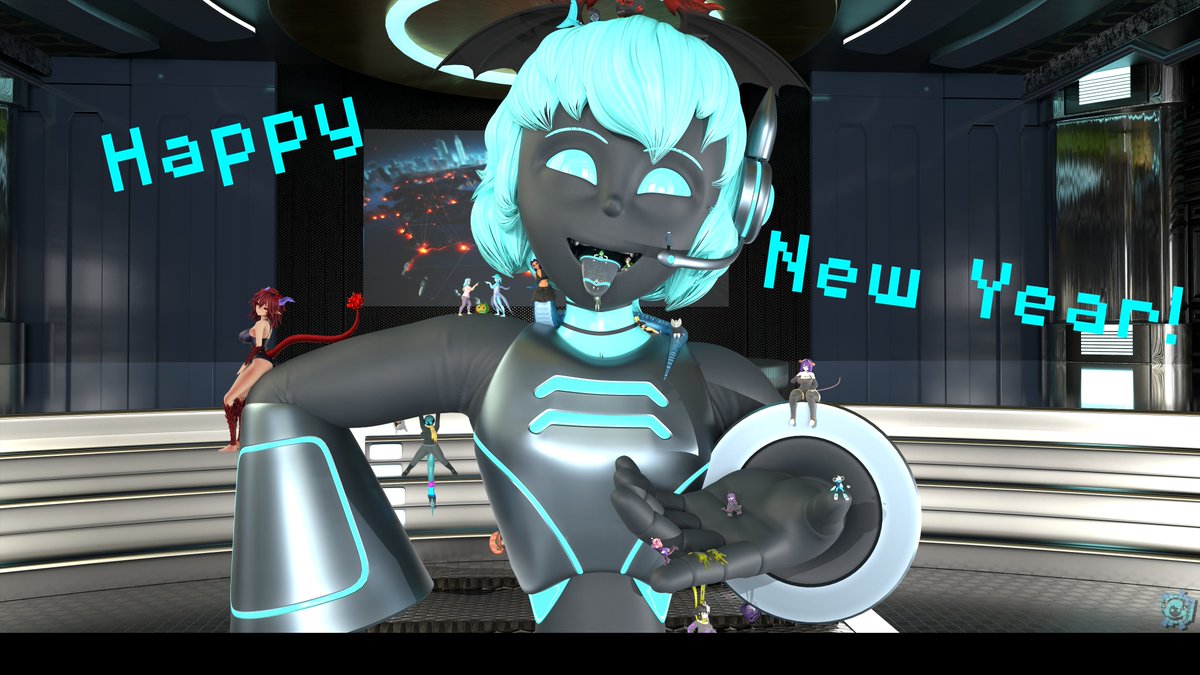 Happy New Years!!! I never want to make a render with this many models again :D

Twitter is dumb so i had to resize the image. To see the full 12k resolution image, check it out on Ekas!

Link: aryion.com/g4/view/1216506

Who appeared:
Melody (Me!)
Akaiwa: <a href="/adamjohnsons1/">DD</a> 
Yun: