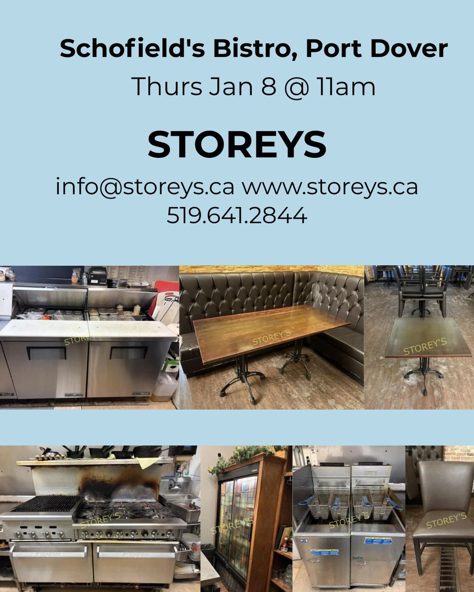 Schofield's Bistro, Port Dover
Online Auction

Link: storeys.hibid.com/catalog/702624…

When: Thurs Jan 8 @ 11am
Location: 243 Main St, Port Dover ON
Preview: Fri Jan 2 from 11am - 2pm
Removal: One Day Only!
Fri Jan 9 from 10am - 3pm