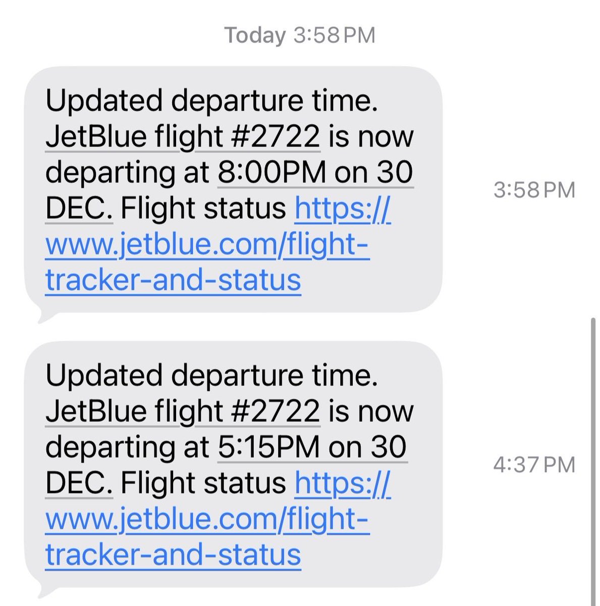 vickijcomm's tweet photo. @JetBlue let’s get your comms right pls. For the second time in four days your flight info is woefully challenged. Multiple text msgs with different updated departure times. Not sure when we should expect to fly. Not the weather today. https://t.co/1UEV93AfXf