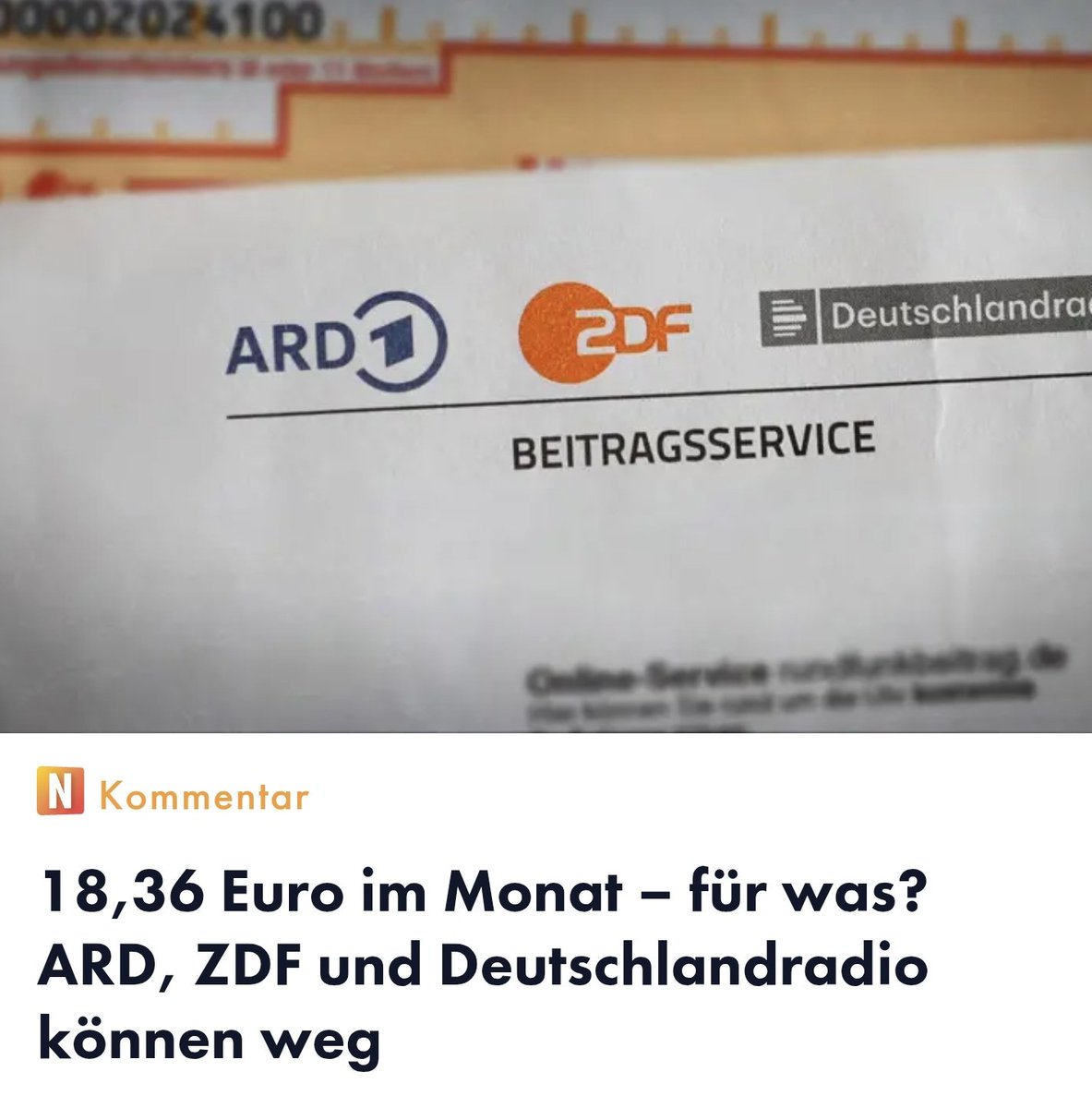 ARD, ZDF und Deutschlandradio kosten 18,36 Euro Zwangsgebühr im Monat, haben aber keinerlei Daseinsberechtigung!

Sie kommen ihren Verpflichtungen aus den Rundfunkstaatsverträgen nicht nach! 

Alles was man für sein Geld bekommt ist links-grüne Propaganda!
NEIN DANKE!

Bezahlen