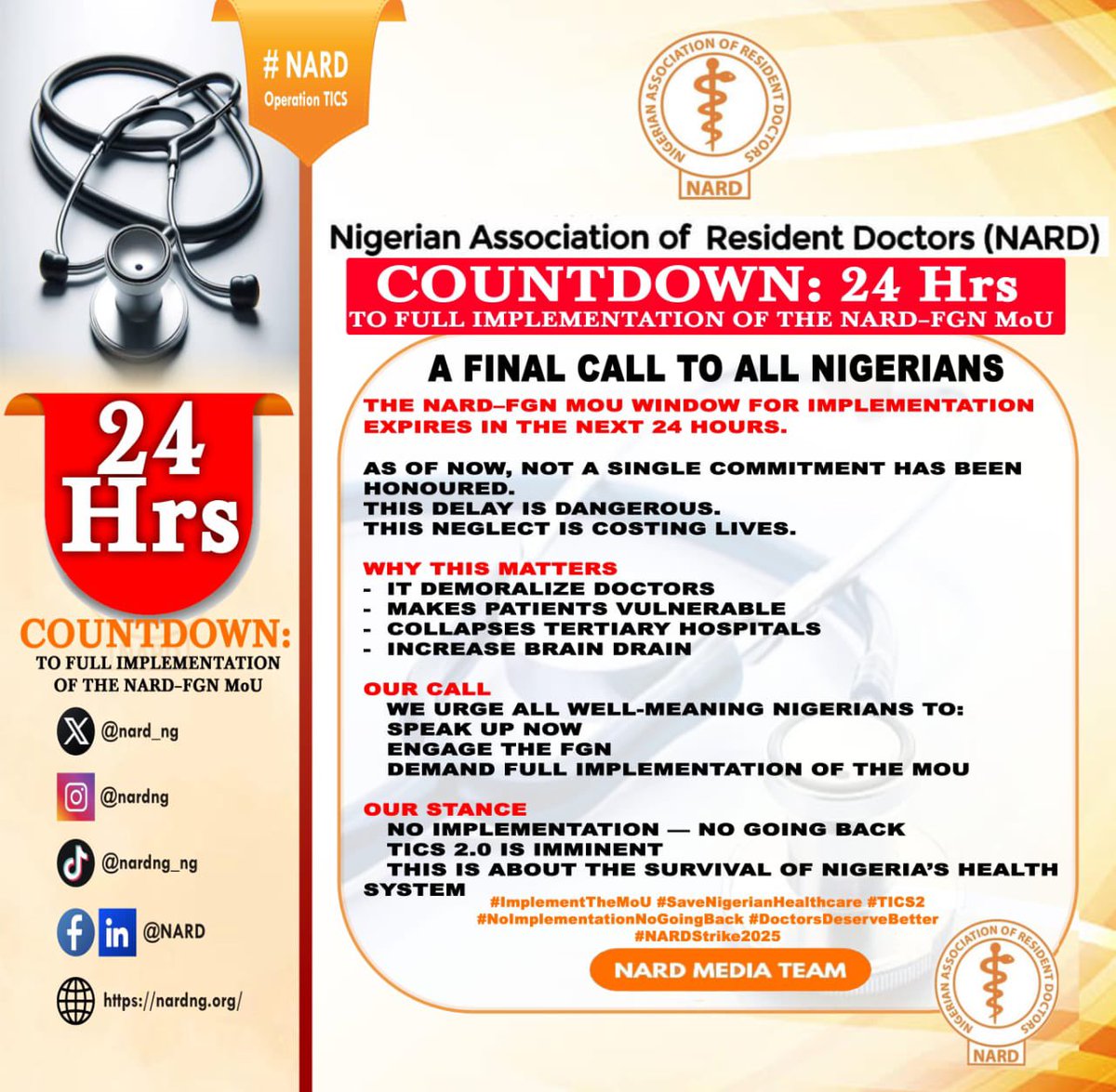 mohagirei's tweet image. COUNTDOWN: 24 HOURS TO FULL IMPLEMENTATION OF THE NARD–FGN MoU

A FINAL CALL TO ALL NIGERIANS

The NARD–FGN MoU window for implementation expires in the next 24 hours.

AS OF NOW, NOT A SINGLE COMMITMENT HAS BEEN HONOURED.

This delay is dangerous.
This neglect is costing lives.…