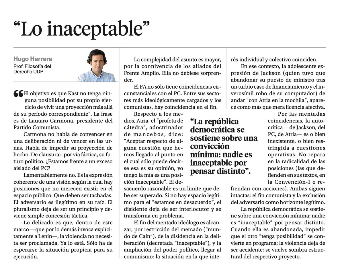 HugoEHerrera's tweet photo. Sobre la veta autocrática del @PCdeChile y el @elfrente_amplio, @LautaroCarmona, @fernando_atria y @GiorgioJackson: https://t.co/VDTZoLuAuC https://t.co/Fnj00i33MB