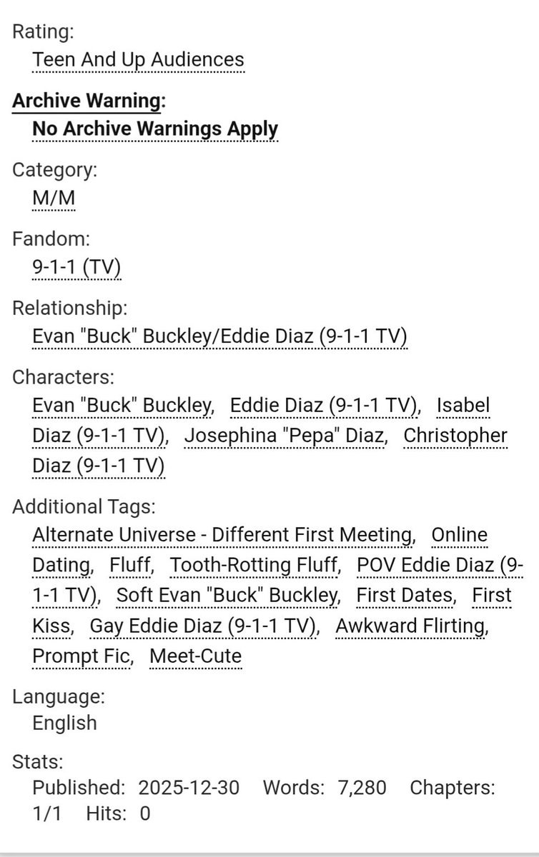 ilyabuckley's tweet image. 🥳 Sar's Countdown to the New Year 🥳

♡ romancingtheuniform.com (a terrible idea, allegedly)
♡ rated t, complete, 7.2k, buddie
♡ for @brinasbuddie ❤️
♡ eddie pov
♡ different first meeting, first kiss, first date, fluff
♡ soft and silly
🔗 archiveofourown.org/works/76739471