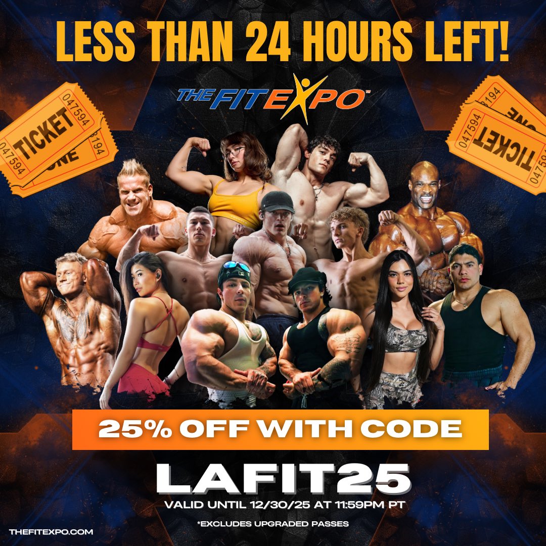 🚨 LAST 24 HOURS 🚨
25% off LA FitExpo tickets is almost GONE 👀 use code LAFIT25
Don’t sleep on the most action-packed weekend of the year 💪🔥
Grab your tickets now before prices go up ⏳

#LAFitExpo #FitExpoVibes #GymCulture #FitnessEvents