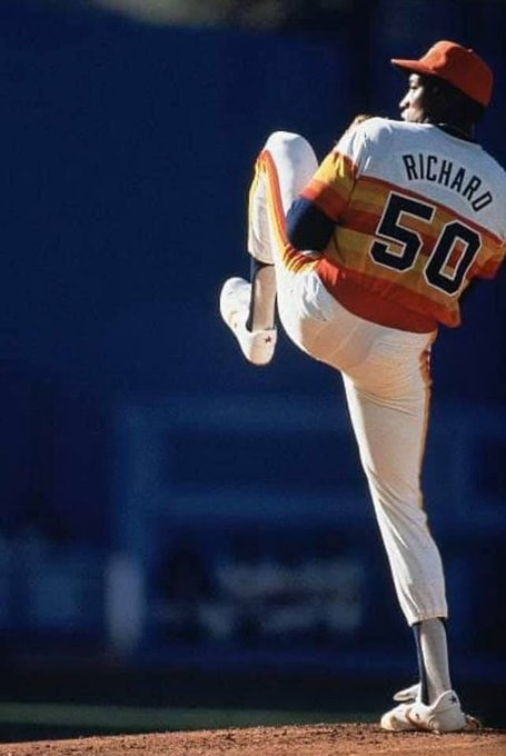 BBGreatMoments's tweet photo. A great shot of J R Richard. At the time of his unfortunate stroke he was 10-4 with a 1.90 ERA in 1980 with 119 K in 113.2 innings. Overall in his career he was 107-71 with a 3.15 ERA with 1493 strikeouts in 1606 innings. He pitched parts of 10 seasons for the Astros. He was 30 years old when he left the game. What might have been.