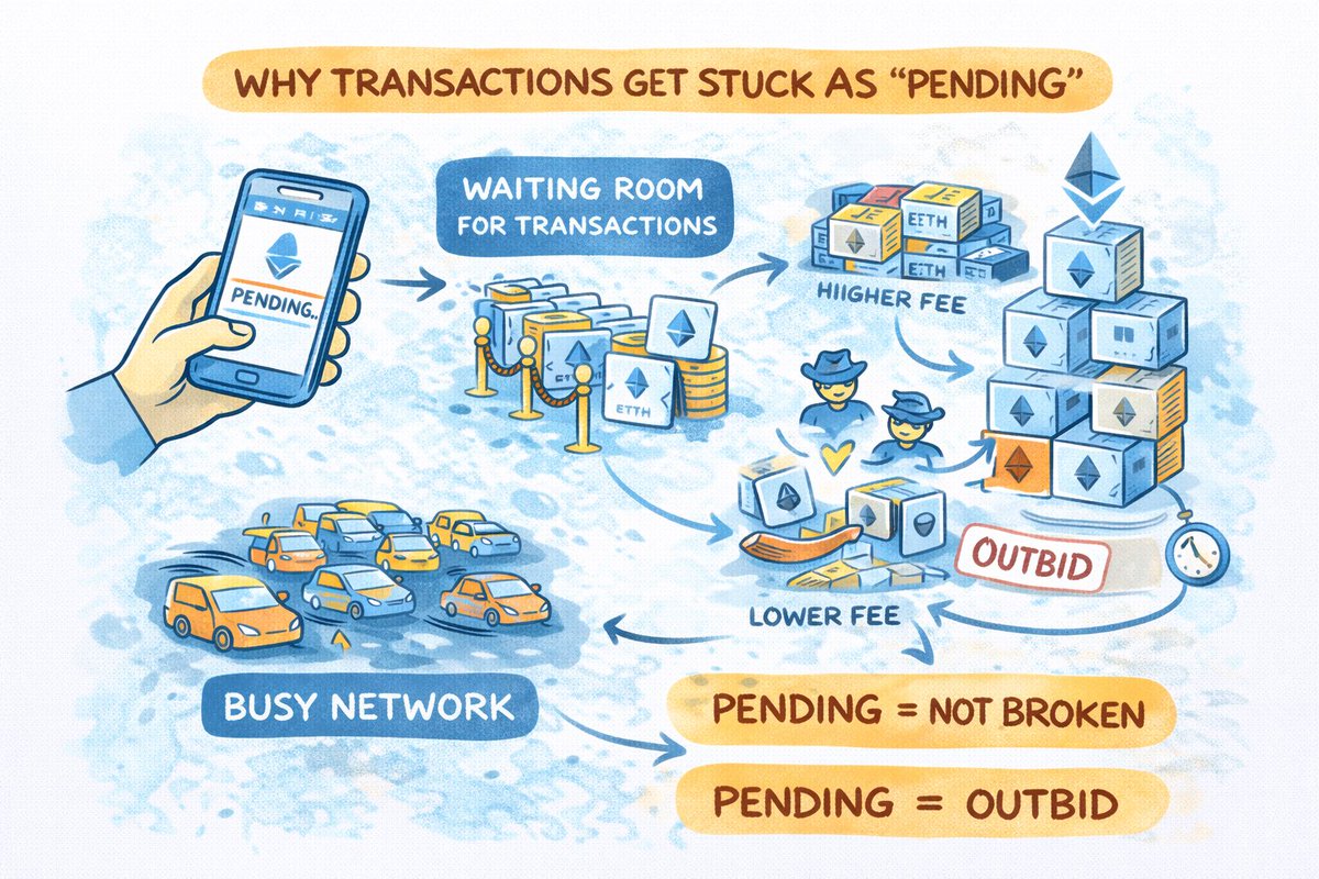 AyuShettyEth's tweet image. 🧵 day 16 of #30DaysOfWeb3

At some point, everyone using Ethereum runs into the same thing.

You send a transaction…
and it just sits there………
Pending……………
Just stuuuccckkkkkk

It feels broken, but most of the time nothing is wrong.

When you send a transaction, it