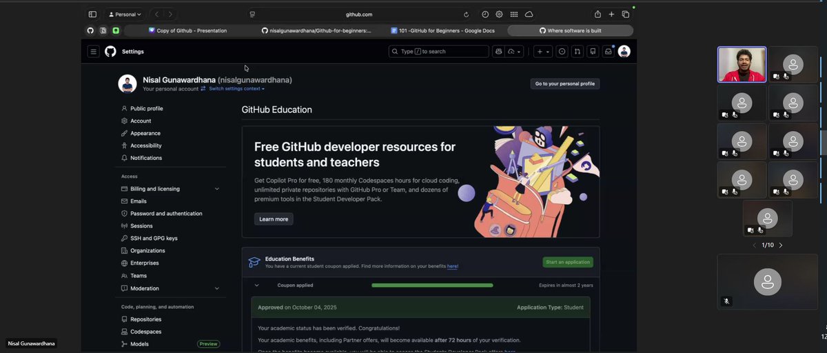 kkc_sl's tweet photo. Attended GitHub for Beginners (GitHub 101) 🚀

Big thanks to @thenisals for the clear and beginner-friendly session 🙌

Thanks to @GitHubEducation for supporting student learning 💻

#GitHub #Learning #Developers https://t.co/yhfRZZGRUS