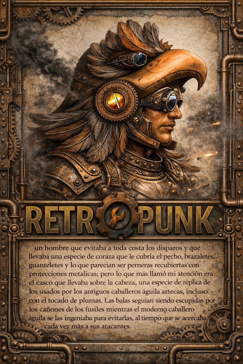 Negrotipo's tweet photo. "Cuauhtlipoca, el águila humeante"
Relato #Steampunk
Publicado originalmente en 2017 en 🏴 en la antología "Steampunk Writers Around The World Vol. 1", nominada con 3 historias en los BSFA Awards.
Ahora en "Retropunk, Antología de relatos"
https://t.co/rW52otloNI https://t.co/qsBBeqdnhU