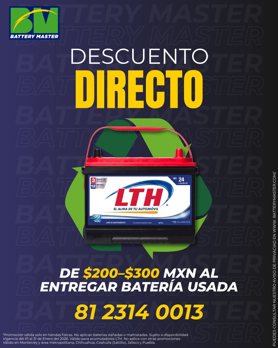 BatteryMasterMX's tweet image. ¿Es hora de cambiar la batería de tu auto? 
¡Hazlo de la forma más inteligente! En Battery Master te damos un bono inmediato por tu batería anterior.
Más información: 81 2314 0013 
#BatteryMaster #ReciclajeCreativo #AhorroAutomotriz #BateriasLTH #EcoFriendly #DescuentoDirecto