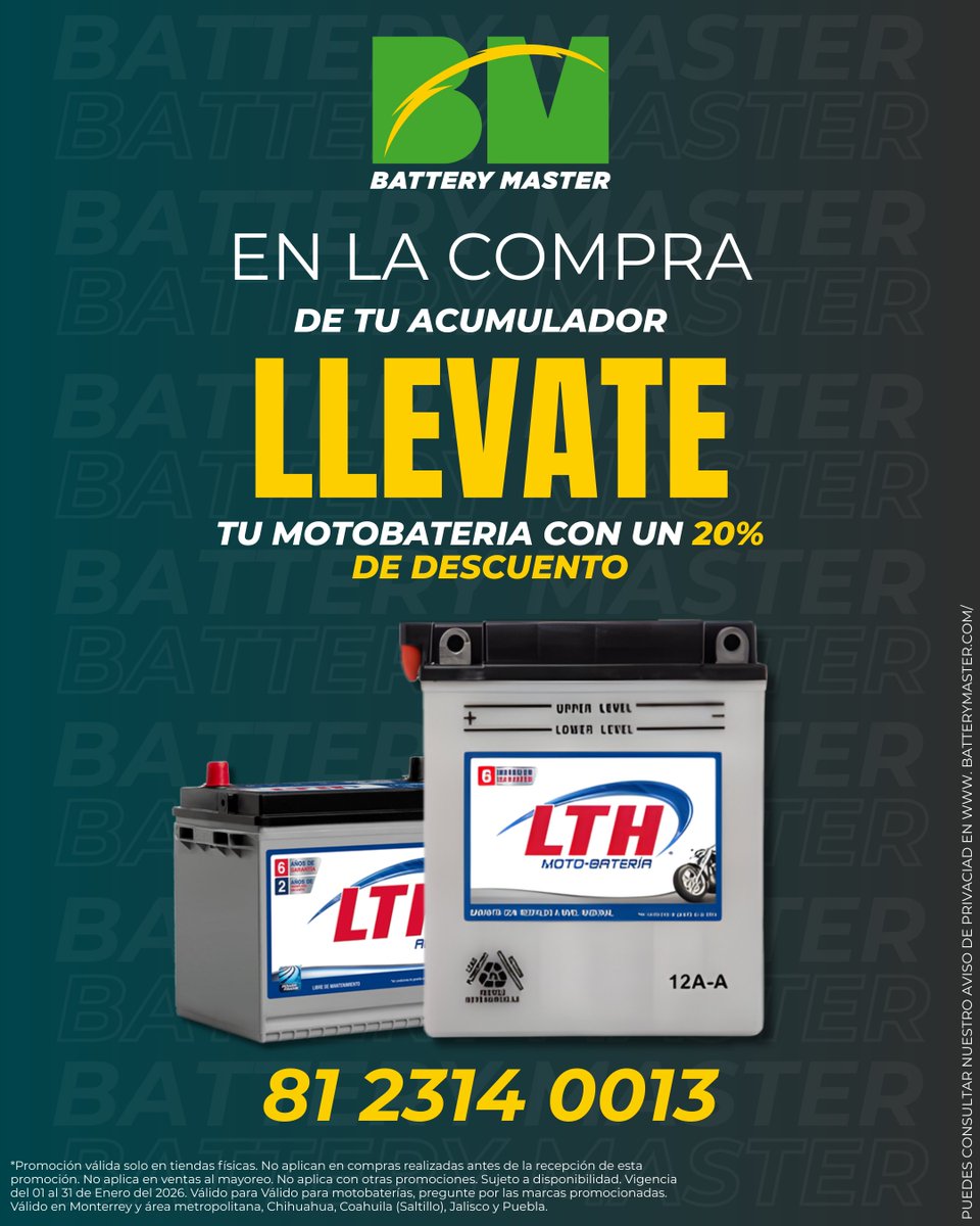 BatteryMasterMX's tweet image. Compra el acumulador para tu auto.  Y llévate tu MOTOBATERÍA con un 20% DE DESCUENTO. 
 Contáctanos: 81 2314 0013 ,Vigencia hasta el 31 de enero de 2026.
#BatteryMaster #MotoBaterias #BikerLife #MantenimientoAutomotriz #DescuentoEspecial #LTH #MotosMexico