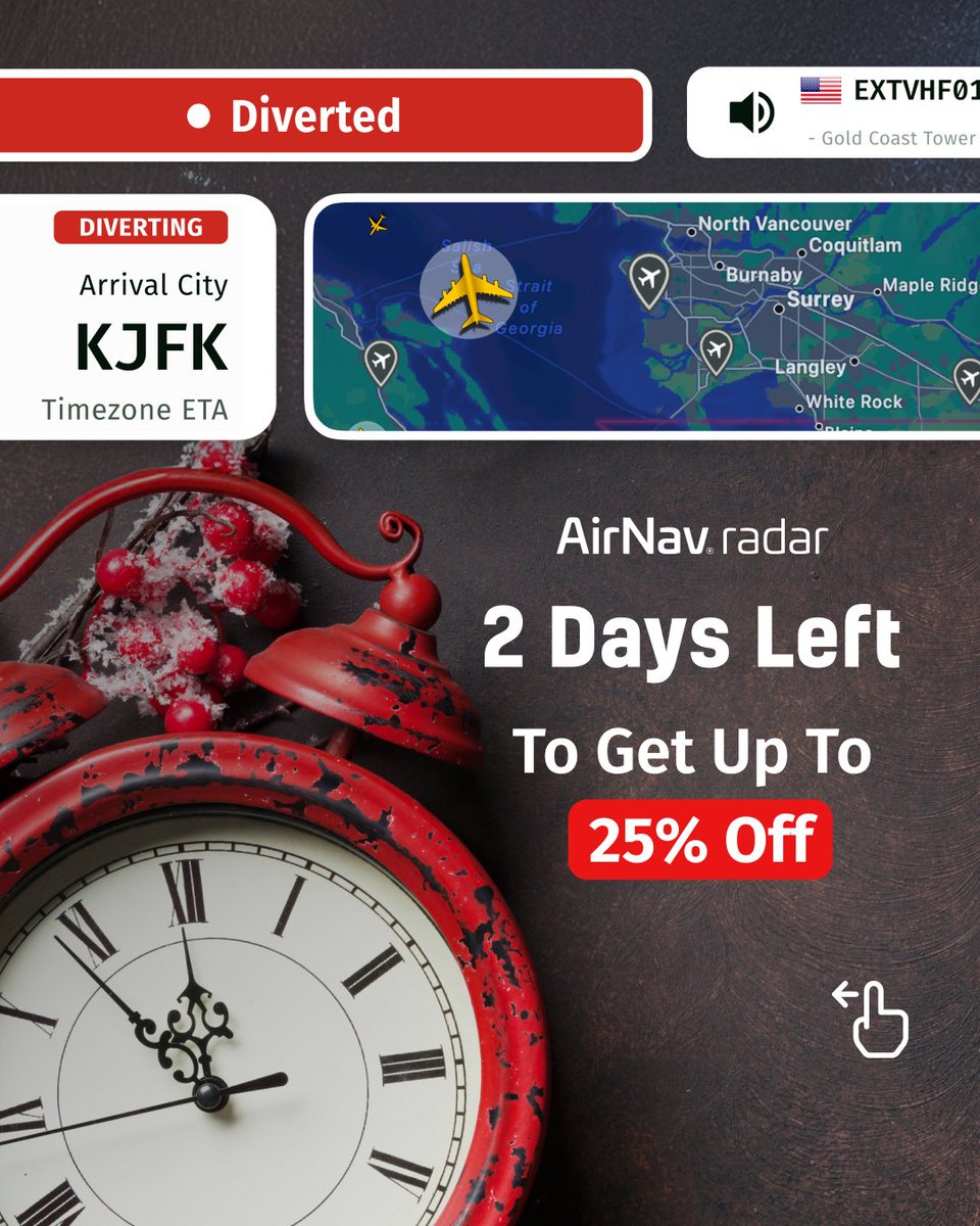AirNavRadar's tweet image. ⏳ Only 2 days left in our Holiday Season campaign.

 Get up to 25% off and unlock powerful features like ATC Radio and 16+ filter options.

🎧 Track smarter. Listen live. Customize everything: airnavradar.go.link/8tfka

#EndOfYearDeals #HolidayDeals #AirNavRadar #ATCRadio
