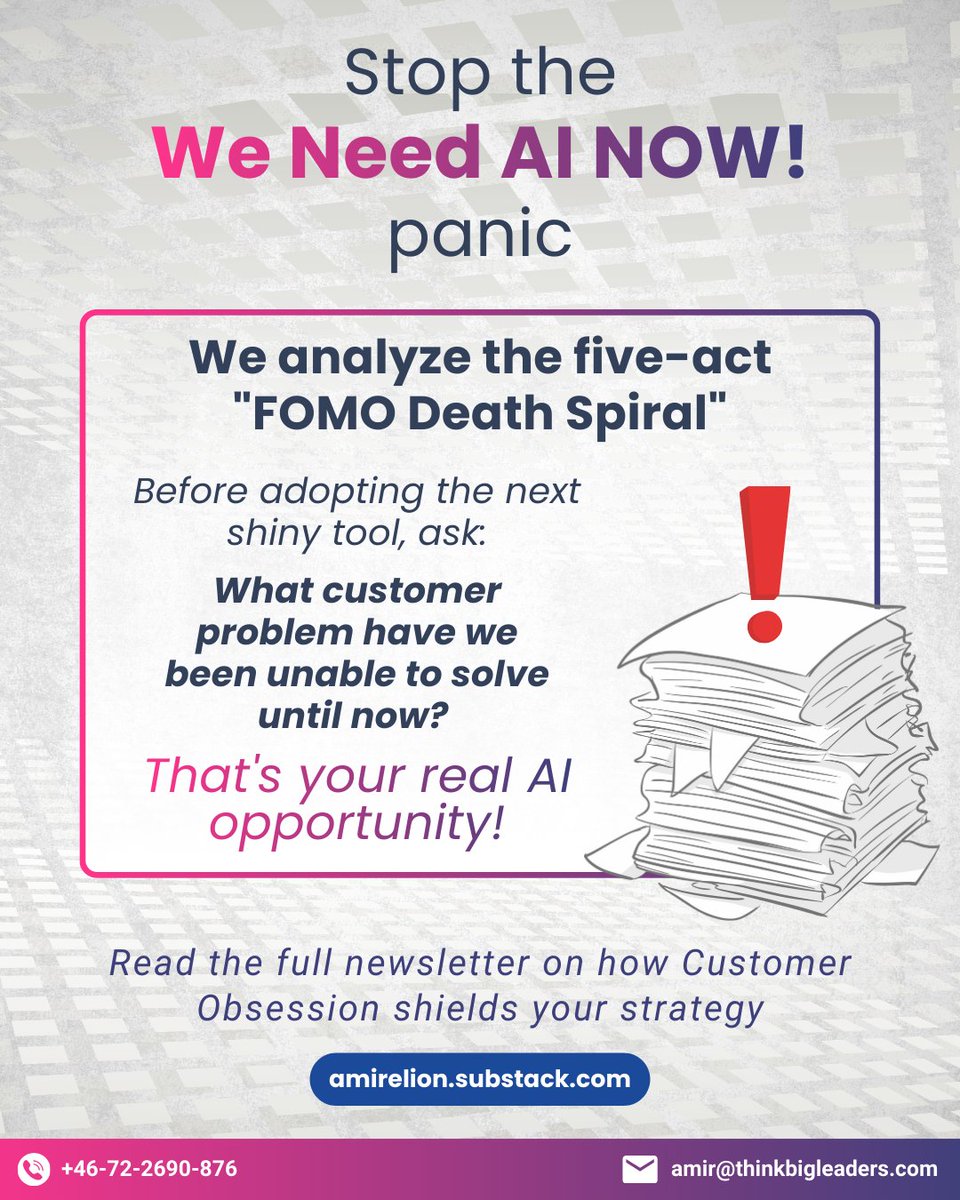 amirelion's tweet photo. Stop the AI Death Spiral. 🛑

Projects driven by FOMO, not strategy, end up in the Innovation Graveyard.

The ONLY defense is Customer Obsession. If your AI initiative isn't solving a decade-old frustration, it will fail.

Find out more: 👇 
🌐 https://t.co/WF1fYmCPRz https://t.co/KB4CKpipem