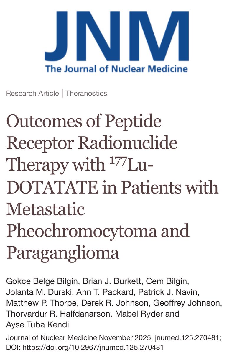 DraMartinezLago's tweet photo. 🧬 PRRT in pheochromocytoma/paraganglioma (mPPGL)
📊 ORR 27% | DCR 73%
⏳ mPFS 26.9 mo | mOS 54.8 mo
💊 Symptom improvement 67% | HTN control 87%
⚠️ Mostly G1–2 hematologic toxicity
➡️ PRRT appears feasible, well tolerated, and clinically meaningful in mPPGL
🔗 https://t.co/y76h1D5EiC
@OncoAlert