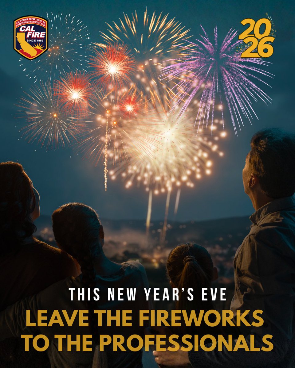 calfireSCU's tweet image. Leave the fireworks to the Pros🎆

Every year, fires caused by fireworks put lives, homes, &amp;amp; the environment at risk. Outside of professional fireworks shows, fireworks are illegal on New Year’s Eve.

Choose safety by NOT handling fireworks.
#CALFIRE #FireSafety #NYE