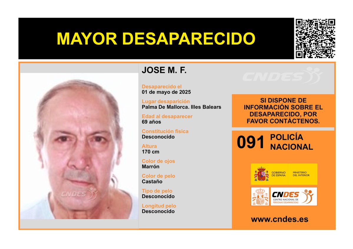 cndes_oficial's tweet image. ⚠️🚹MAYOR DESAPARECIDO🚹⚠️

Edad 69 años
🧐Última localización Palma de Mallorca. Islas Baleares 

Ayúdanos➡️comparte 📲
Si crees haberla visto 📩 cndes-web.ses.mir.es/publico/Desapa…

☎️091 @policia 
@cndes_oficial #mayor #desaparecido