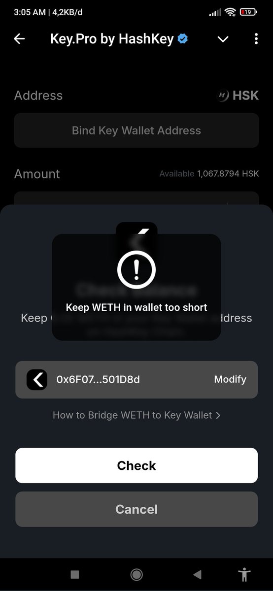 I’ve bridged >0.05 WETH via the official bridge (bridge.hashkeychain.net) to Key Wallet (HashKey Chain) following the official tutorial.
Balance is visible in wallet, but Key.Pro still shows “keep WETH in wallet too short”.
<a href="/DJDOGfoundation/">Key.Pro</a> <a href="/HSKChain/">HashKey Chain</a>