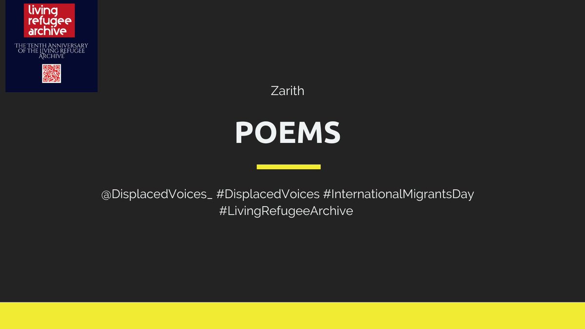 DisplacedVoice_'s tweet image. Special volume of #DisplacedVoices on 10th Anniversary of #LivingRefugeeArchive
Even the Birds are Chained to the Sky
A Poem by Zarith
livingrefugeearchive.org/displaced-voic…