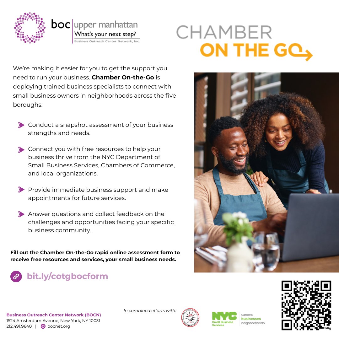 BOCNetwork's tweet image. 📢Get the support you need to grow your business w/ @BOCNetwork &amp;amp; @NYWomensChamber! Chamber On the Go is providing trained business specialists to connect you with the resources &amp;amp; services you need! 🏙️Fill out the form: 🔗forms.gle/eRQwDm77wEUZVt…
In partnership with @NYC_SBS