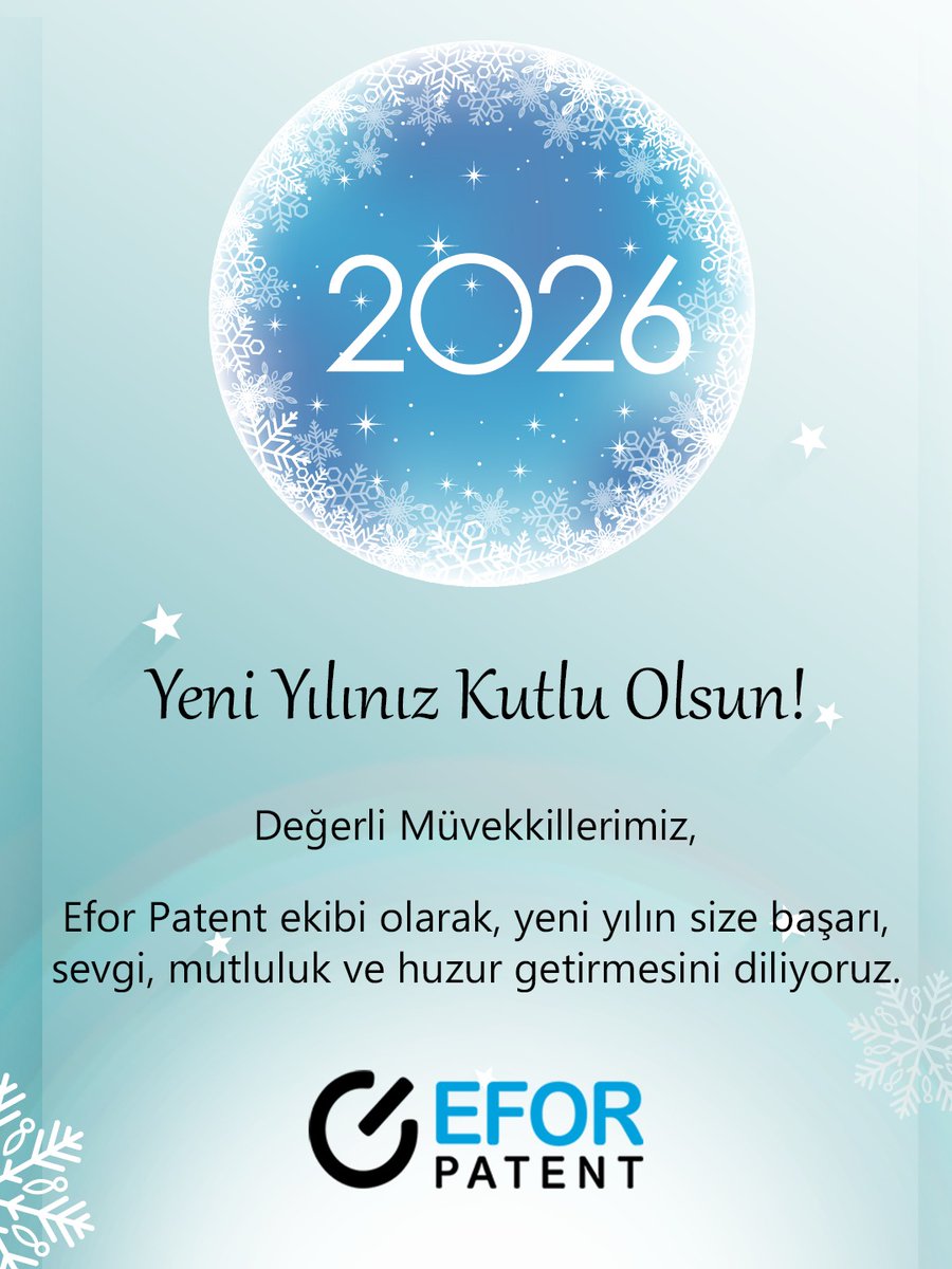 EforPatent's tweet photo. 🎄🎊 Dostluk, barış, sağlık ve başarı dolu harika bir yıl olmasını dileriz ... 
We wish a glorious year full of friendship, peace, health and success ... 
#2026  #newyear #yeniyıl #eforpatent https://t.co/d0PDzgzlZO