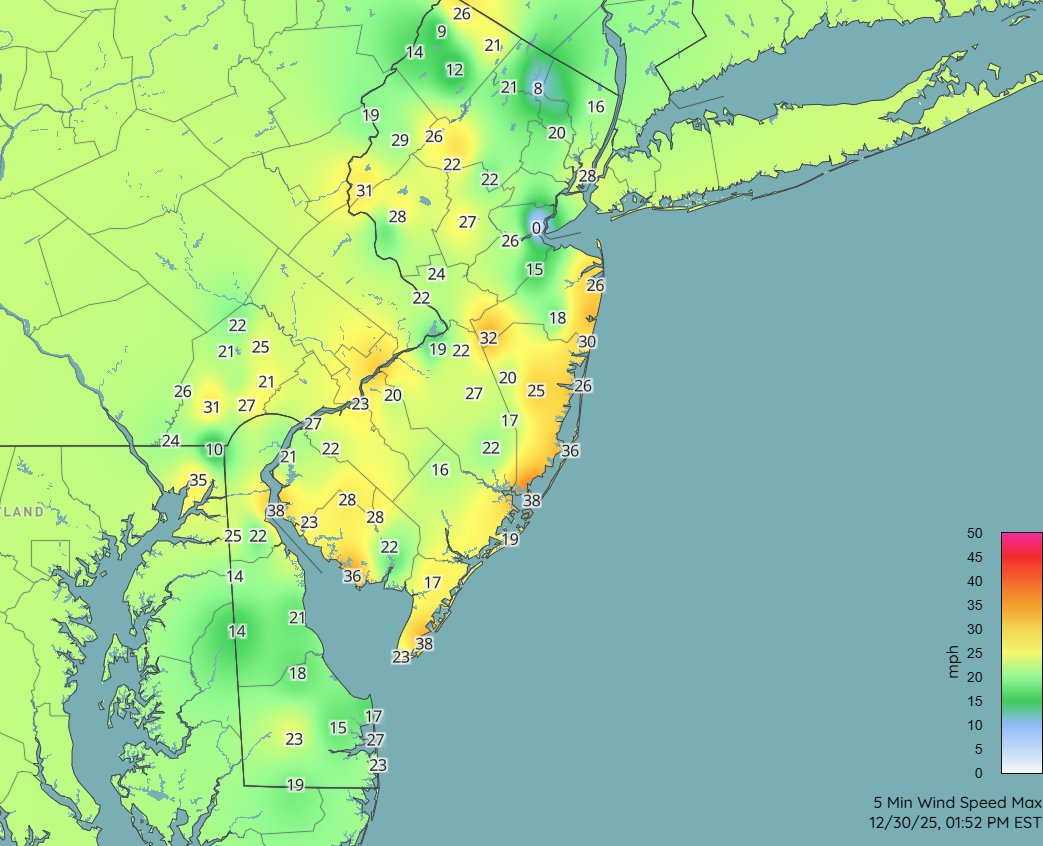FirstWarnNJ's tweet photo. Still seeing gusts to 40 mph this afternoon, a wind advisory continues through 4 p.m. in the south, 6 p.m. in the northeast. #NJ #NJWX #WX #Weather https://t.co/2r82c9BKZb