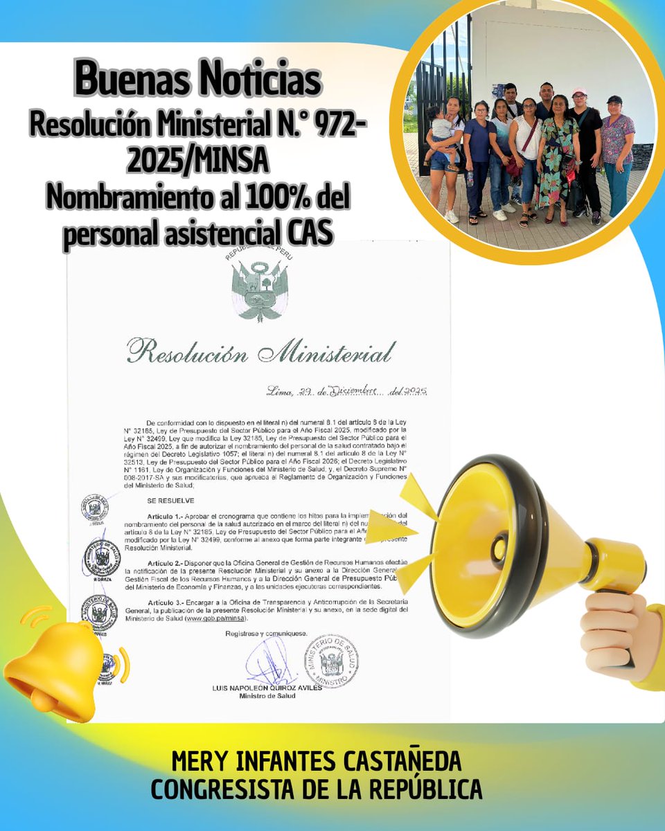 ¡Logrado! 👏
El <a href="/Minsa_Peru/">Ministerio de Salud</a> aprobó el cronograma del nombramiento al 100% del personal asistencial CAS.
¡Un paso firme hacia la estabilidad laboral en salud! 🇵🇪🏥

#NombramientoCAS #SectorSalud #MeryInfantes