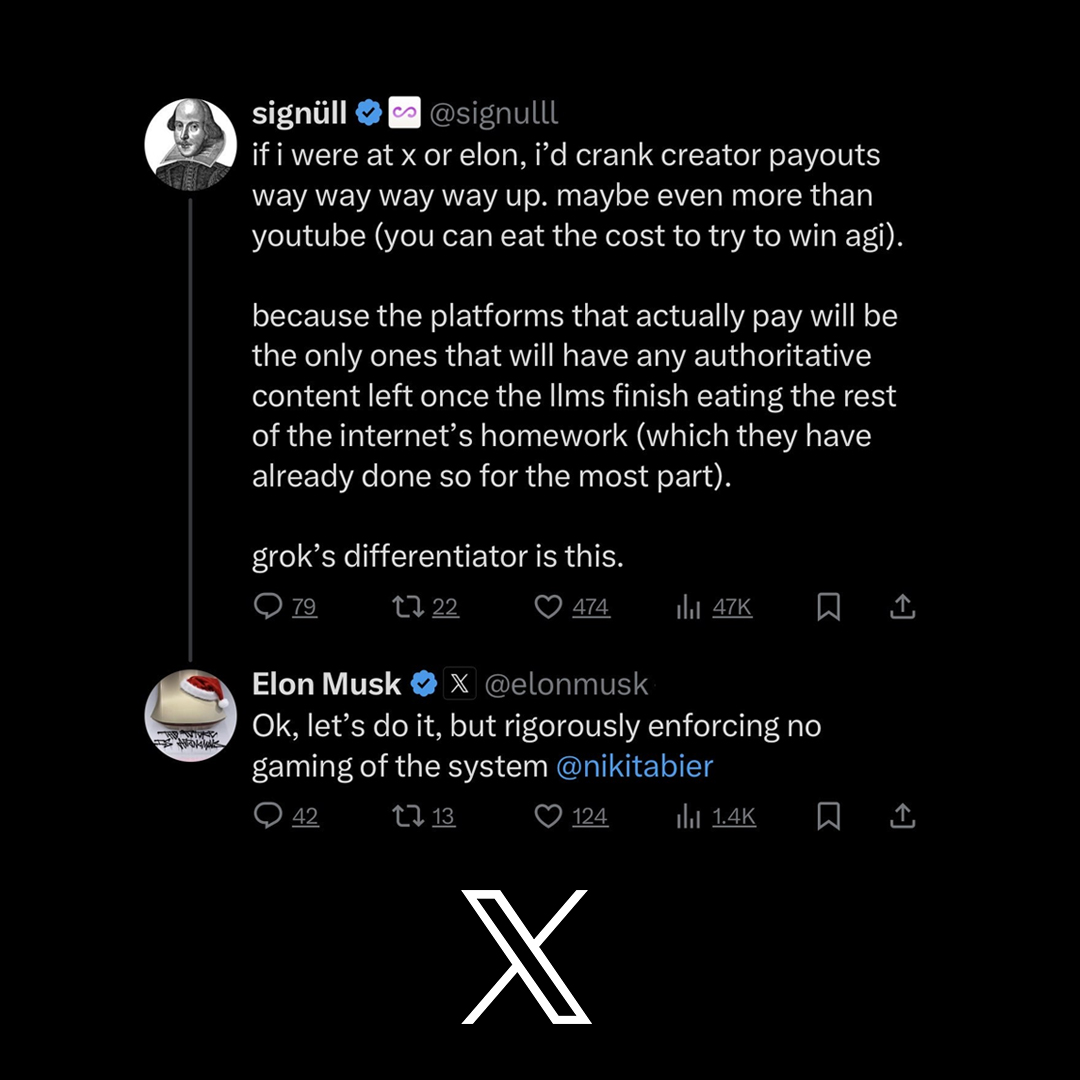 cb_doge's tweet photo. BREAKING: Elon Musk says yes to increasing creator payouts on 𝕏, to more than what YouTube pays. https://t.co/SowDgfY9PO