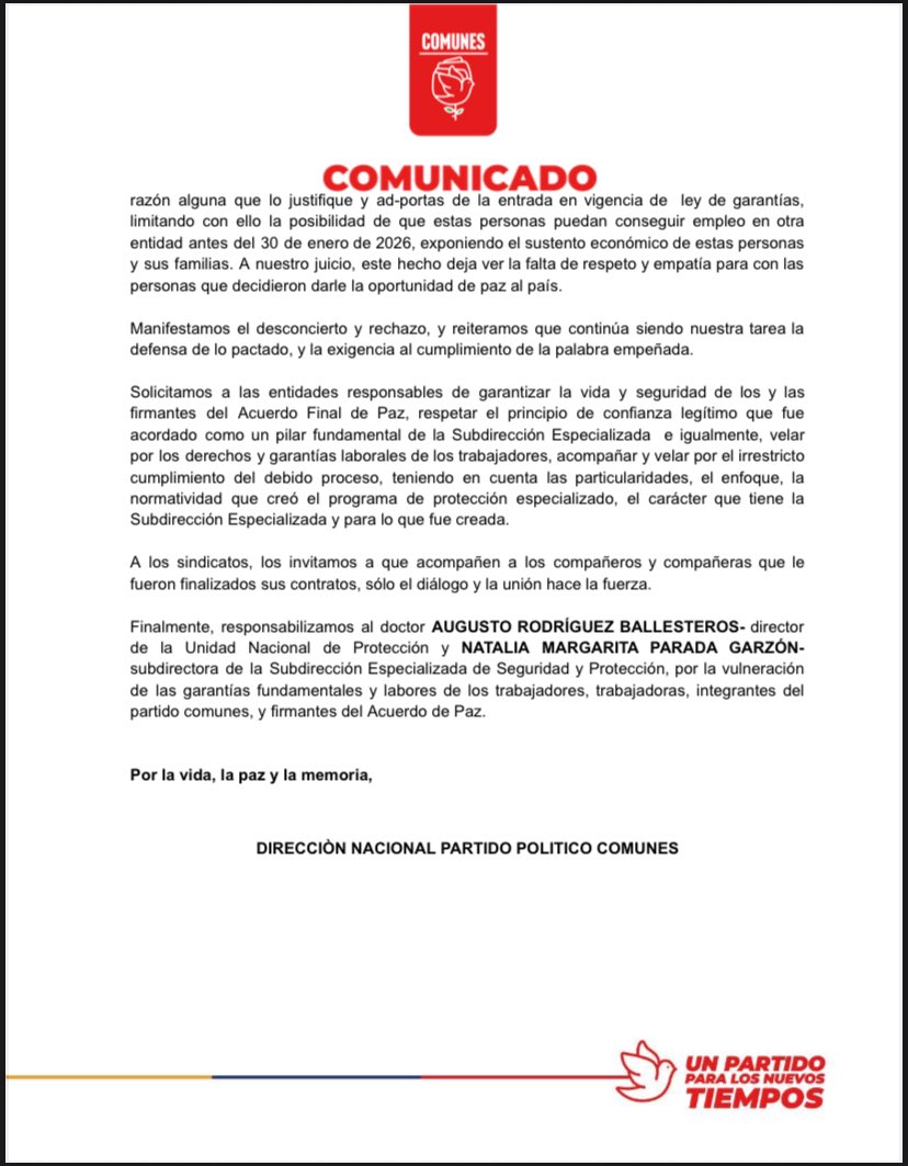 TimoComunes's tweet photo. COMUNICADO PÚBLICO

La @UNPColombia vulnera los derechos de los firmantes del Acuerdo Final de Paz.

Reiteramos que continúa siendo nuestra tarea la defensa de lo pactado, y la exigencia al cumplimiento de la palabra empeñada.

La paz vencerá. https://t.co/4jZhQjQVih