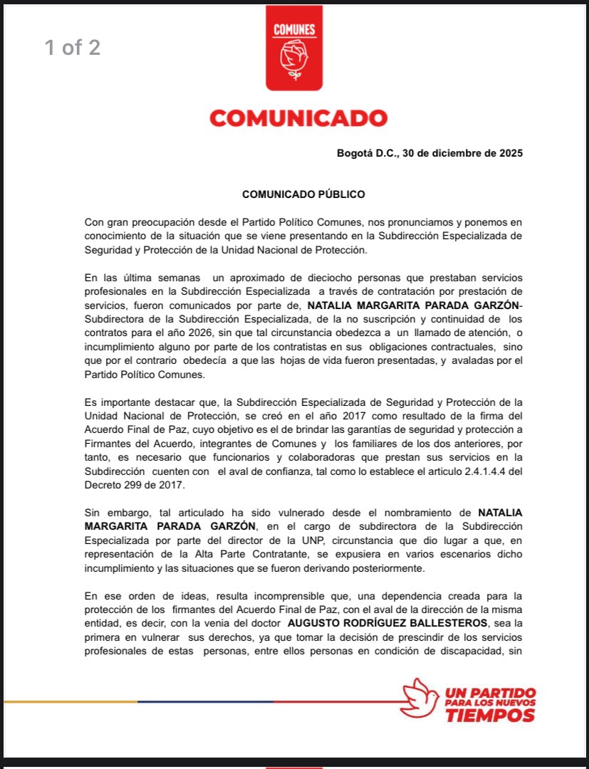 TimoComunes's tweet photo. COMUNICADO PÚBLICO

La @UNPColombia vulnera los derechos de los firmantes del Acuerdo Final de Paz.

Reiteramos que continúa siendo nuestra tarea la defensa de lo pactado, y la exigencia al cumplimiento de la palabra empeñada.

La paz vencerá. https://t.co/4jZhQjQVih