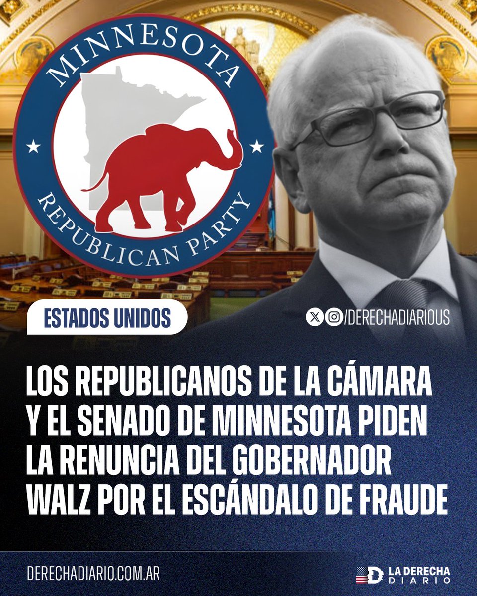 🚨🇺🇸 | Legisladores republicanos de la Cámara y el Senado de Minnesota solicitaron la renuncia del gobernador Tim Walz en el marco del escándalo de fraude que investiga el uso de fondos públicos en el estado.
