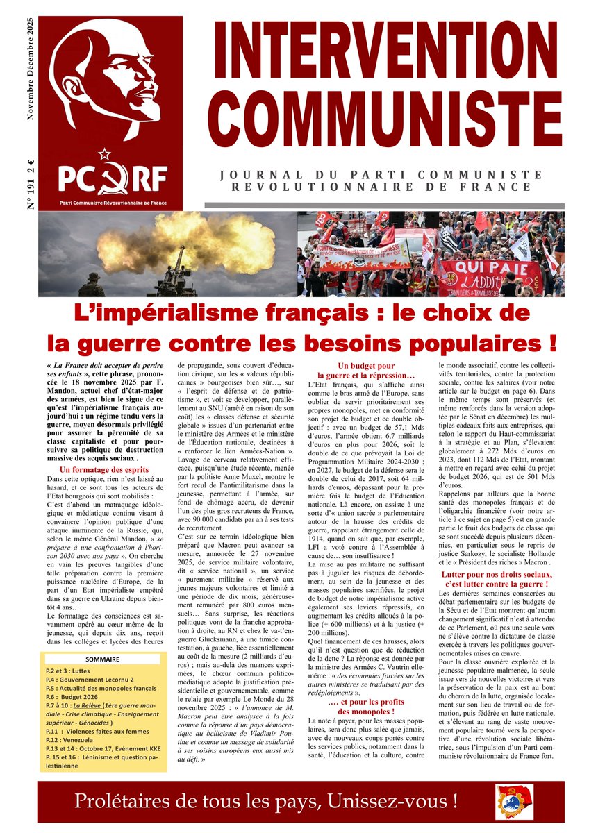 union_jc's tweet photo. Le numéro 191 (novembre-décembre 2025) du journal Intervention Communiste de notre parti, le Parti Communiste Révolutionnaire de France (PCRF), est désormais disponible via leur rubrique contact sur leur site : https://t.co/nBIynZfA3q

Sommaire : https://t.co/yZtxo21LQ4 https://t.co/TZofpPQzzv