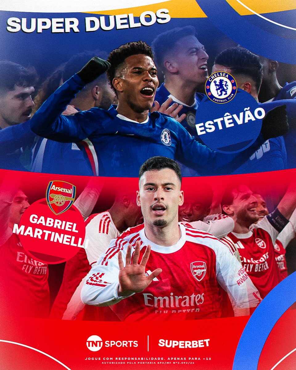 TNTSportsBR's tweet photo. Super duelo de brasileiros que estão jogando muita bola nessa temporada no futebol da Europa! 🇧🇷👏 Quem leva a melhor na sua opinião: Estêvão ou Gabriel Martinelli? 🔥 #SBCH https://t.co/FPeUTIEdPL