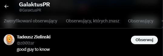 Czy rasistowskie, ksenofobiczne i toksyczne zachowania takiej osoby, jak Tadeusz "<a href="/z00ltar/">Tadeusz Zielinski</a>" Zieliński, to oficjnalne stanowisko Waszej firmy <a href="/GalaktusPR/">GalaktusPR</a>? Pan Tadeusz popełnia podobne od kilku lat, więc zaskakujące jest to, że nie zostało to zauważone, skoro Wasza firma owego Pana