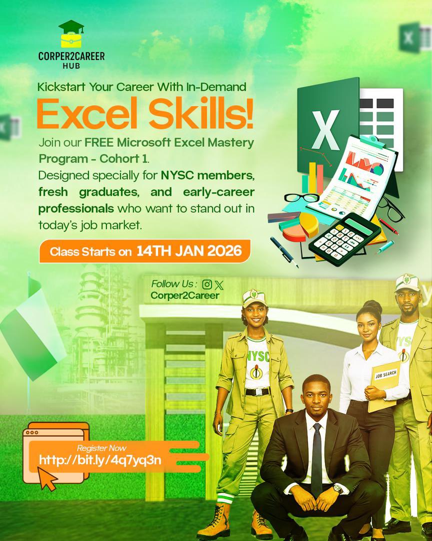 Corper2Career's tweet photo. Microsoft Excel is no longer optional — it’s a workplace requirement.

You want to work in:

💼 Banking
📈 Business
🧾 Admin
📊 Data &amp; Operations
📣 Marketing

Then you MUST know Excel.

Join the Corper2Career Free Excel Mastery Program 👇

https://t.co/DkrtZG56Di https://t.co/I3lzWVUROj
