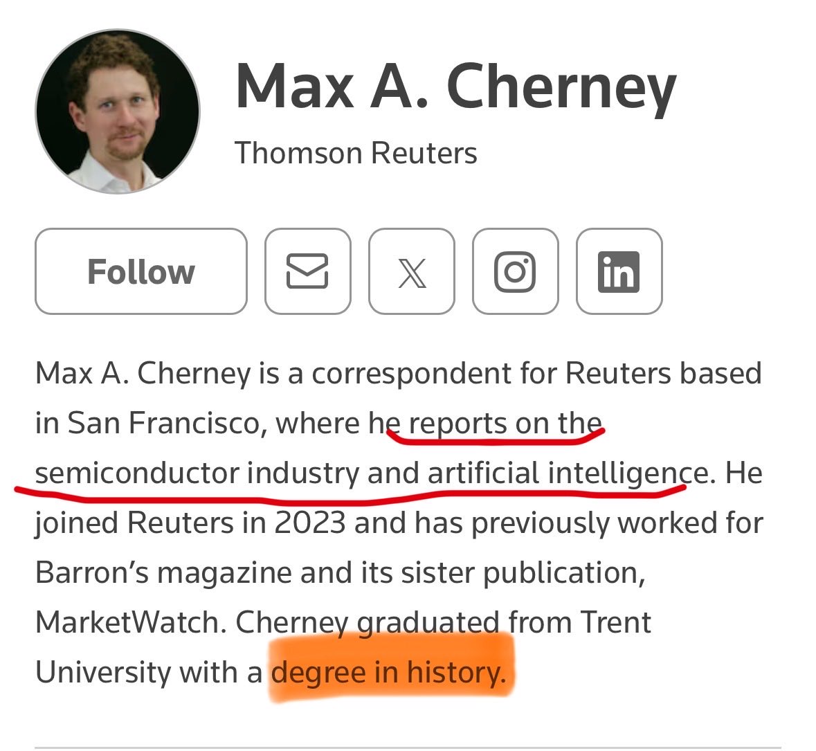 spacemoonaut's tweet photo. @chernandburn Yeah, look at this guy. Degree in history, but all of a sudden an expert in AI and tech? Tf outta here. https://t.co/UwIideOI9J