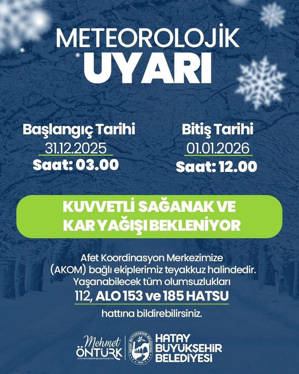 Şehrin altyapısı ve halkın psikolojisi bu hava şartları için uygun değil!
Sayın valimizden rica ediyoruz böyle bir gün kaos ve işkenceye dönüşmeden okulları tatil edin. 
<a href="/HatayValiligi/">T.C. Hatay Valiliği</a> 
<a href="/HatayBSB/">Hatay Büyükşehir Belediyesi</a> 
#Okul #Kar #hatay #tatil #yılbaşı2026