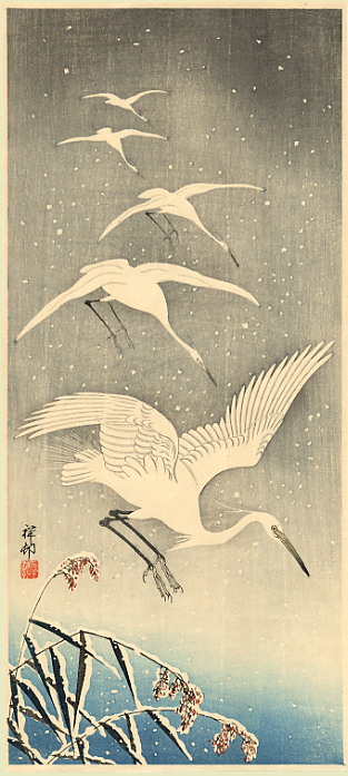 White Birds in Snow, by Ohara Koson, early 20th century