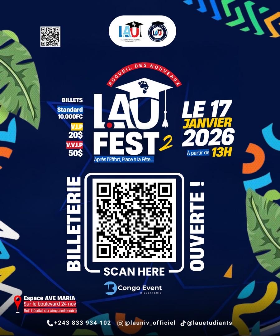 🚨 C’EST OFFICIEL ! 🚨
La billetterie en ligne du LAU FEST 2 est OUVERTE 🔥🔥

🎟️ Tu peux dès maintenant réserver ton billet en scannant le QR code ou via le lien officiel.
Plus besoin d’attendre, plus d’excuses 😌
Lien 🔗 : congoevent.com/detailevent?ev…