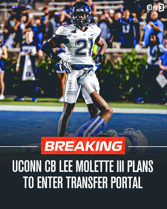 UConnOn3's tweet photo. BREAKING: UConn cornerback Lee Molette III plans to enter the @TransferPortal, per @PeteNakos.

He totaled 65 tackles and 1 interception this season.

👉 https://t.co/kqEtbtdlZx https://t.co/Dnf1z1mkeU
