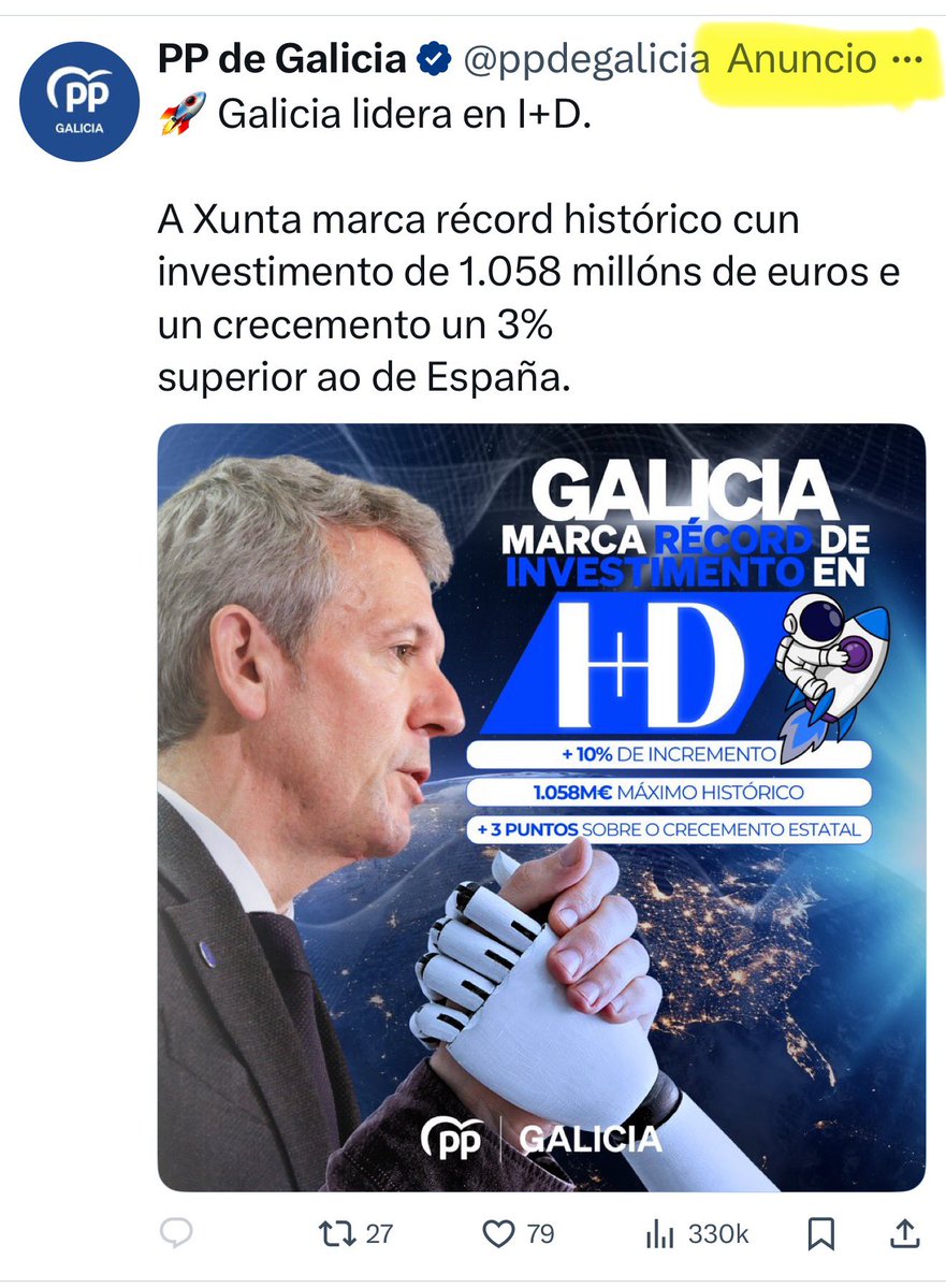 Un anuncio pagado del PP para todos lo estamos en Galicia donde además MIENTEN 🤥👇🏽

1️⃣ El “récord” de I+D en Galicia no es solo dinero de la Xunta, incluye financiación estatal, fondos europeos y aportación privada.

2️⃣ El PP se apunta como propio un aumento que depende en gran