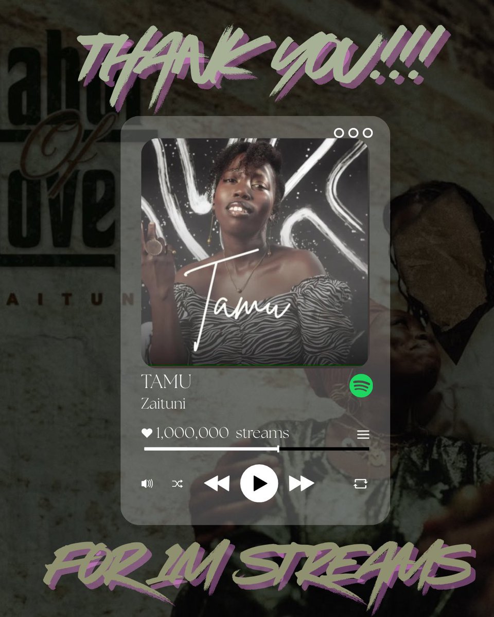 iam_zaituni's tweet image. “Tamu” just crossed 1 MILLION streams on @SpotifyAfrica 🙌🏽🤩

I couldn’t be more grateful to every listener and my team for the constant support and push 💚 Bless you all 🙏🏽